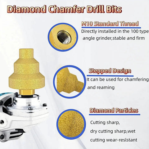 Diamond Chamfer Drill Bits with M10 Thread, angled for tile and marble, on angle grinder, ideal for chamfering and reaming.