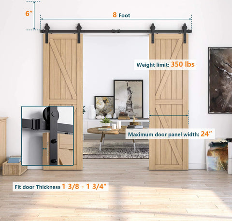 Beefy Sliding Barn Door Hardware Kit For Double Doors Black Finish Eight Foot Rail System With I Shape Hanger, installed view