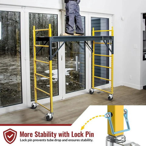 Person on scaffold with 5 Inch Scaffolding Caster Wheels Set Of Four With Dual Locking Swivel Casters And One And A Quarter Inch Square Stem