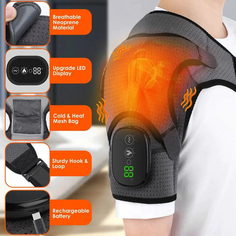 Cozy Heated Shoulder Wrap Massager for men and women with breathable neoprene, LED display, and rechargeable battery.