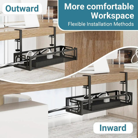 No Drill Under Desk Cable Tray With Clamp Mount Fifteen Point Seven Inch Cord Organizer For Table Carbon Steel Cable Management