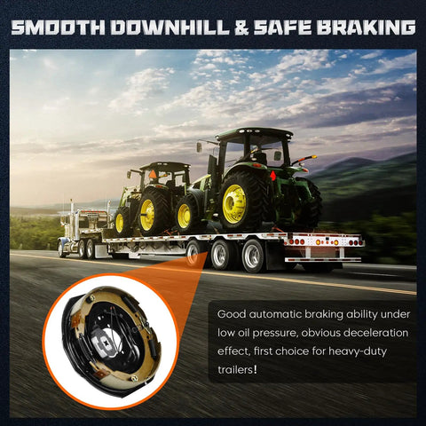Trailer drum kit on a flatbed trailer; two green tractors with yellow wheels; inset close-up of a brake drum.