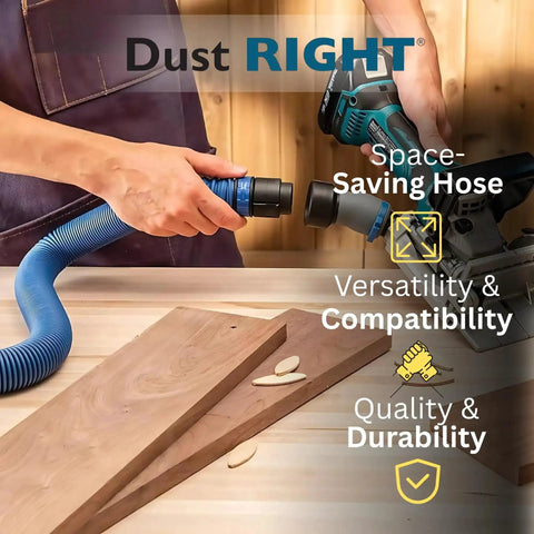 Flexiport Power Tool Hose Kit With 3 To 12 Foot Expandable Hose And Four FlexiPorts connected to a power tool for dust collection