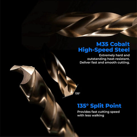 Close-up of M35 cobalt high-speed steel drill bits showing 135° split point and material, part of Heavy Duty One Eighth Inch Cobalt Drill Bits Set.