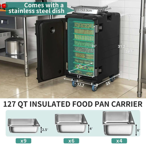 Insulated Food Pan Carrier 127 Quart LLDPE Hot Box For Catering With Stainless Steel Pans And Swivel Casters
