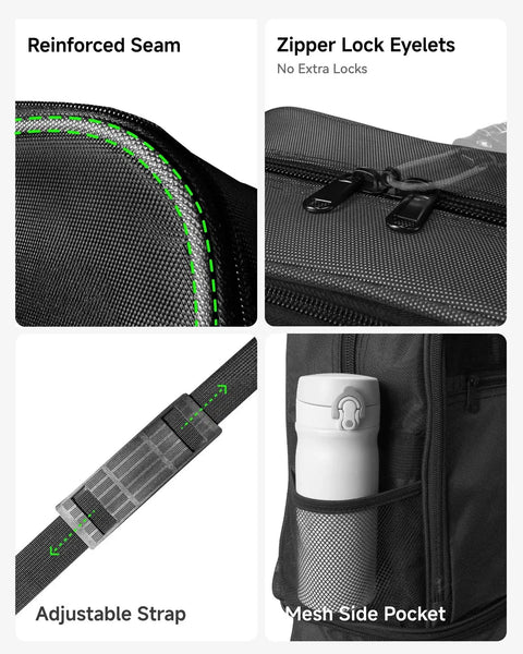 Expandable Rolling Duffel Bag With Spinner Wheels Lightweight Collapsible Luggage 55L-113L Capacity close-ups of seams, zippers, strap, pocket