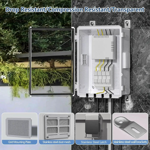 Rugged Outdoor Ready Ventilated ABS Electrical Junction Box With IP65 Waterproof Enclosure showing open design with clear cover and mounting plate.