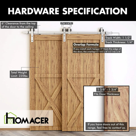 Brushed Nickel Single Track Bypass Sliding Barn Door Hardware Kit For Double Doors, 6Ft Flat Track, installed view, wood doors.