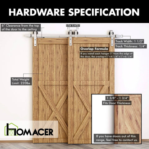 Brushed Nickel Bypass Sliding Barn Door Hardware Kit For Two Doors, 6.6ft Flat Track, double doors with installation specs