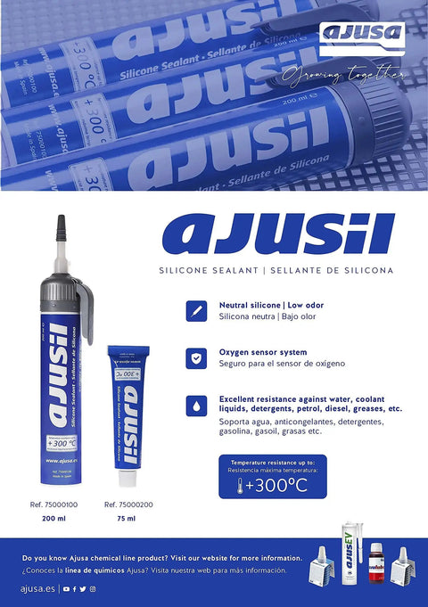 Ajusa silicone sealant tubes and features, showing Ajusil branding and product descriptions in Spanish and English.