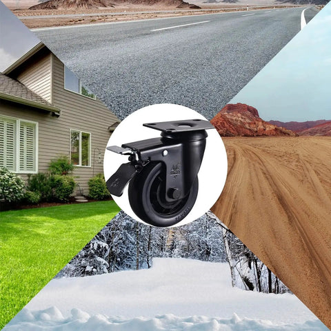 Beefy Heavy Duty 4 Inch Caster Wheels Set of 4 with Brakes Black Swivel Casters shown with diverse terrain backgrounds
