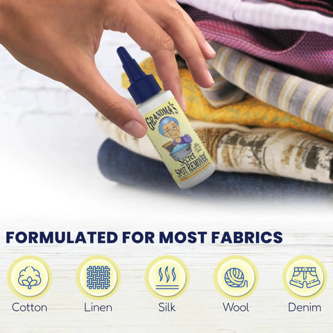 Hand holding 2-ounce Secret Spot Remover For Clothes Chlorine Free Toxin Free Stain Remover For Fabric That Eliminates Oil Paint Blood And Pet Stains Without Damaging Color Safe On Most Fabrics Gentle Non Bleach Formula bottle over folded fabrics.