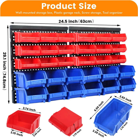 All In One Wall Mount Storage Rack With 30 Bin Heavy Duty Organizer For Nuts Bolts Screws Nails Beads Buttons And Small Parts For Garage Home And Workshop Blue And Red Bins