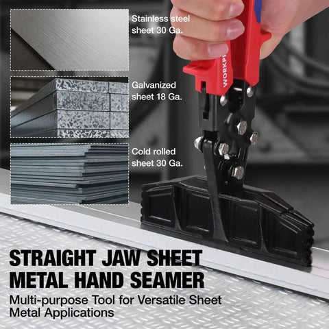Close-up of Six Inch Hand Seamer Tool for Sheet Metal Bending and Seaming Heavy Duty Steel Brake Pliers with Ergonomic Grip in use