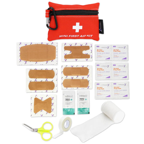 Compact 20 Piece First Aid Kit With Carabiner For Car Backpack And Travel, water-resistant medical supplies in durable nylon pouch
