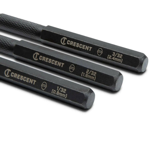 Close-up of Pro Grade 3 Piece 5 Inch Steel Punch Set with Black Oxide Finish, Laser Etched Size Markings 1/32 2/32 3/32 Inch