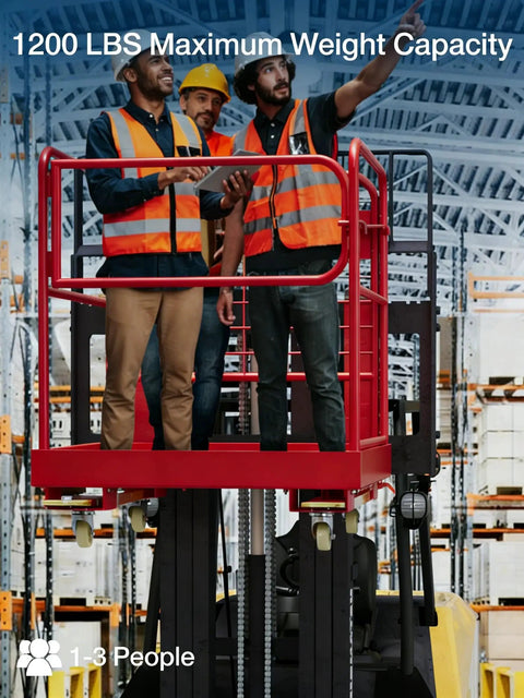 Foldable Forklift Safety Cage 1200Lbs 1-3 Person Capacity With Lockable Wheels in warehouse, workers demonstrating use