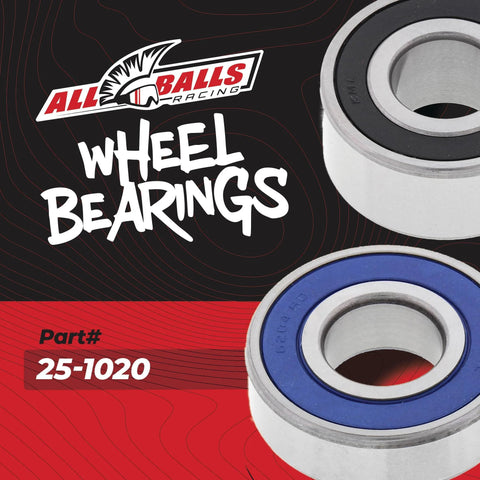 Wheel Bearing Kit For Honda Replacement With Double Type TC Sealed Bearings ABEC3 High Speed And Rust Inhibitors For Water And Dirt Protection Includes Two Ball Bearings And One Seal Pack, product image showing ball bearings with brand logo and part number 25-1020.
