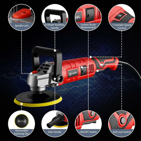 1600W Car Polisher With 7 Inch And 6 Inch Heads Variable Speed Polishing Machine with ergonomic handle and control features