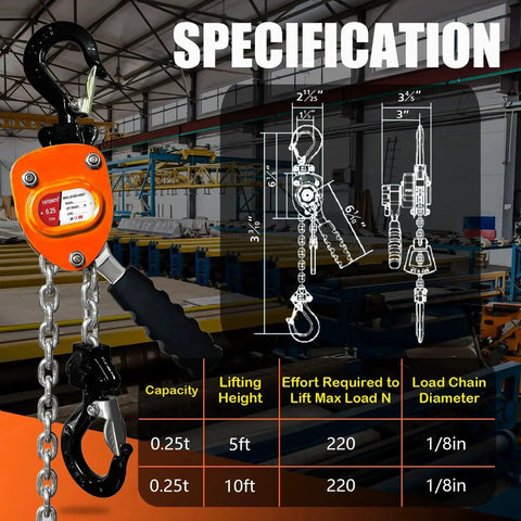 Mini Lever Hoist Chain Puller 1/4 Ton 10 Ft Alloy G80 Chain With Safety Hooks, specifications displayed, industrial setting.