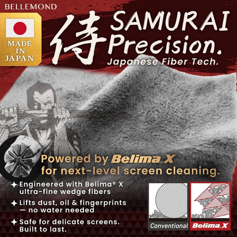 Japanese Microfiber Samurai Cloth For Phones Laptops Screens And Lenses 2 Pack with Belima X fibers on display