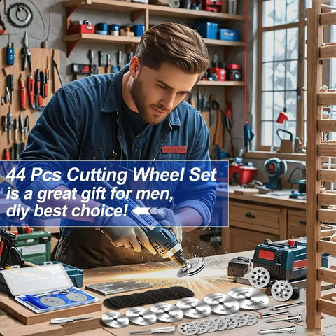 All In One 44 Piece Cutting Wheel Kit For Dremel Rotary Tools From Auxiren with HSS blades shown on workbench in workshop