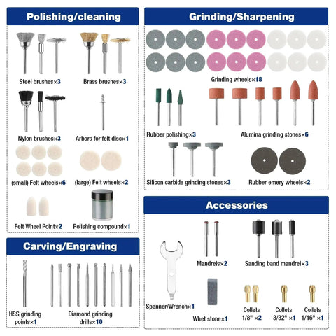 All Purpose Rotary Tool Accessories Kit With 476 Pieces For Cutting Sanding Grinding Carving Polishing Drilling Engraving Includes Sanding Papers And Bands Flap Wheels Cut Off Wheels Diamond Wheel Brushes And More Pro Grade WORKPRO displayed with polishing, grinding, and accessory components.