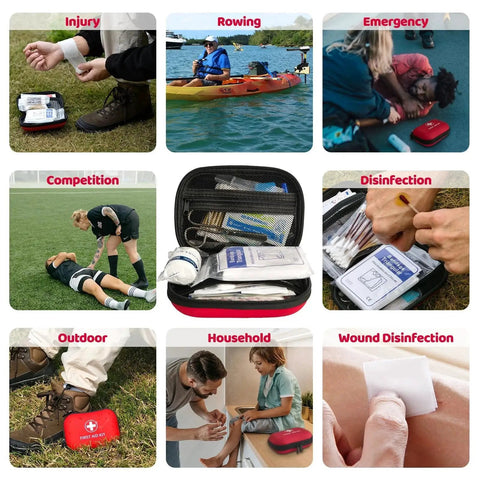 On The Go 138 Piece Mini First Aid Kit Prelady in various scenarios like rowing, household, and outdoor use, displaying contents.