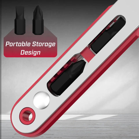 Must Have Compact Magnetic One Quarter Inch Mini Ratchet Wrench showing portable storage design with bits inside handle