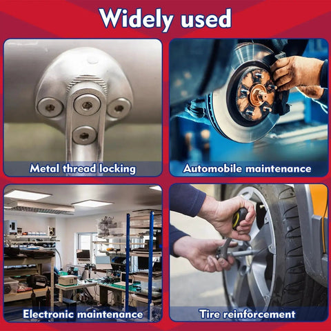 High Strength Red Thread Locker 271 for nuts bolts and metal fasteners, used in automotive, electronic, and tire maintenance.
