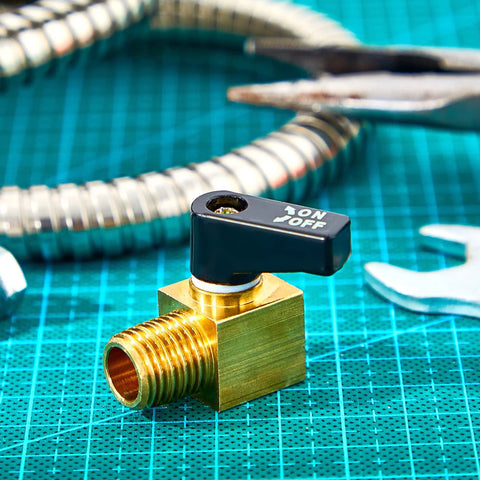 Brass mini ball valve with black ON/OFF lever, 1/4 in NPT male to female for air compressor fittings