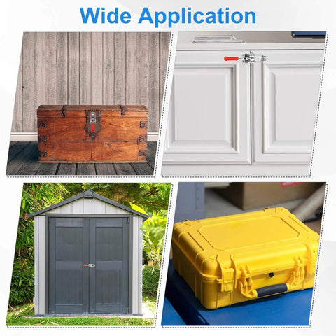 Various applications of Beefy Two Pack Heavy Duty Toggle Latch Clamp 40323 M5 x 48mm on chest, cabinet, shed, and case.
