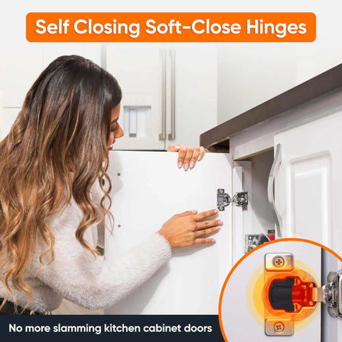 Woman installing Soft Close Cabinet Hinges Set For One And A Quarter Inch Overlay Kitchen Cabinets, 40 Pack, Stainless Steel