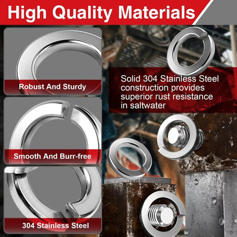 M8 Stainless Steel Split Lock Washers Set, 40 Pcs, shown in close-up with 304 stainless steel material and high-quality features.