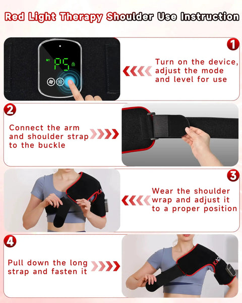 Instructions for using the Cordless Red Light Therapy Shoulder Wrap With Vibration Massage And Heated Pad 5000mAh Rechargeable Massager.
