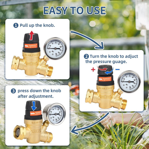 OULEME RV water pressure regulator with adjustable knob, brass lead-free body, 3/4 inch connector and pressure gauge.