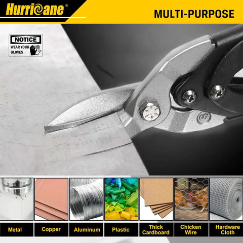 10 Inch Aviation Tin Snips With High Leverage Dual Pivot Cr-Mo Cutters cutting metal sheet, multi-purpose use illustration.
