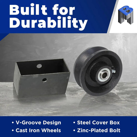 4 Inch Cast Iron V Groove Wheel With Roller Bearing For Residential Gates beside steel cover box