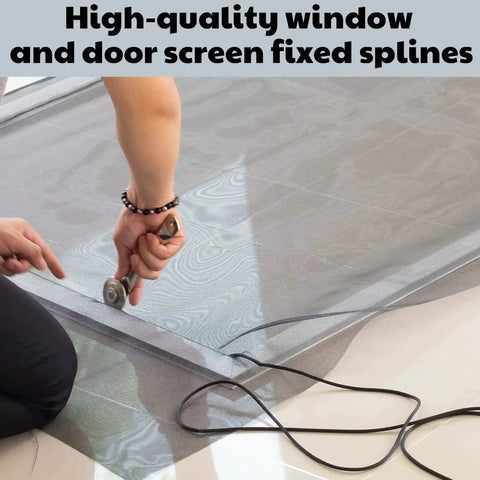 Person installing mesh screen with 250 Ft Screen Spline Replacement Black Window Retainer Spline for hollow serrated doors and windows.