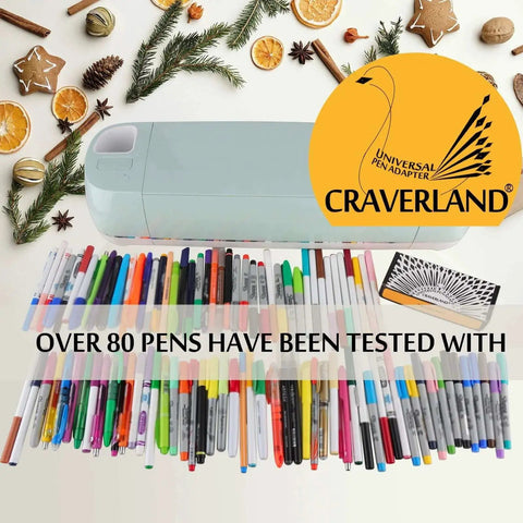 Universal Pen Adapter For Maker 4 3 Explore 4 3 Air 2 Air Maker Explore Cutting Machines That Fits All Pens Markers And Stylus Tools Under 0.5 Inch Diameter Tested With 100 Plus Pens For Smooth Drawing By CRAVERLAND shown with cutting machine and pens.