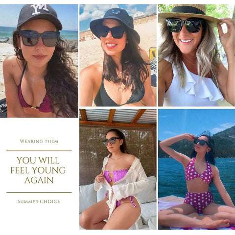 Women wearing Oversized Square Sunglasses For Women Large Wide Frame Dark Frame Black MS51917 showcasing beach and summer styles.