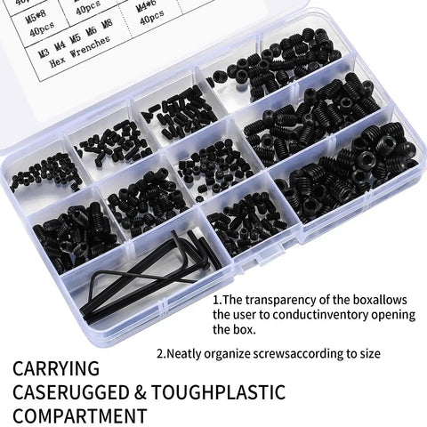 Open plastic box displaying Heavy Duty 400 Piece Set Screws Kit With M3 M4 M5 M6 M8 Allen Head Grub Screws Black Finish