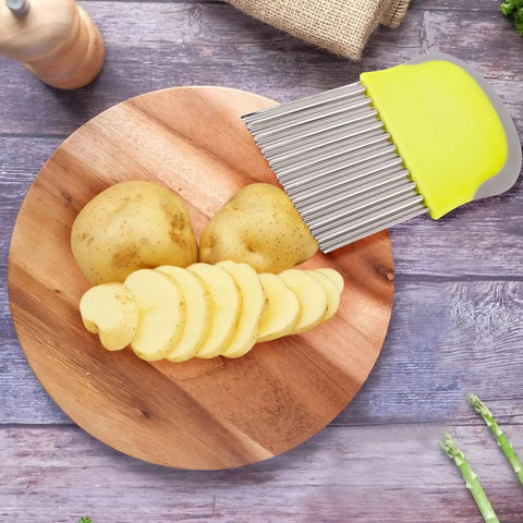 Crinkle Cutter Knife With Wavy Blade For French Fries And Veggies, Stainless Steel Potato Carrot Chip Cutter on wooden board