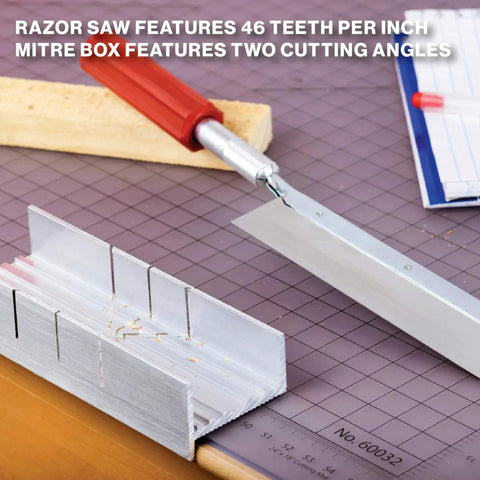 Six Inch Metal Miter Box Set With Aluminum And Steel Construction For Precise 45 And 90 Degree Cuts In Wood Plastic And Soft Metals Includes K5 Handle And Razor Pull Saw Made In USA showing razor saw and miter box on table
