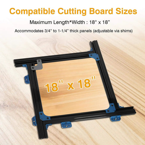 Adjustable Router Jig For Cutting Boards Up To 18 By 18 Inches shown on wood surface with corner radius guides.