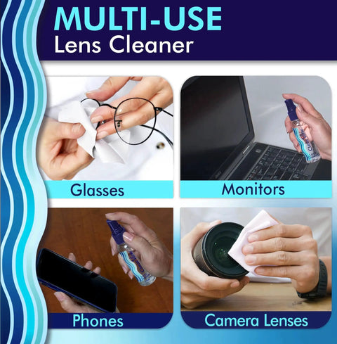 “Lens Cleaner Kit With 4 Bottles And 4 Microfiber Cloths For Glasses And Screens” being used on glasses, monitor, phone, and camera lens.