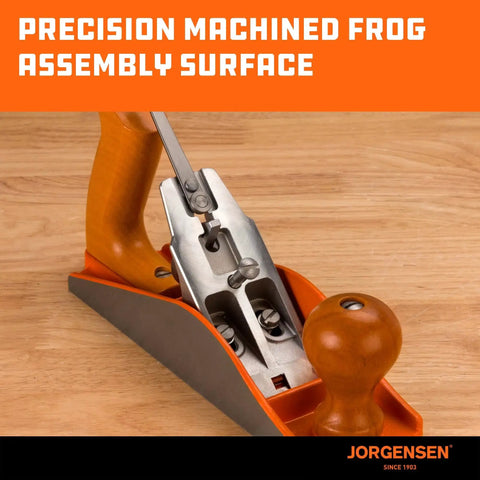 Pro Grade 10 Inch Wood Plane For Smoothing And Trimming With A Durable Ductile Iron Body And Adjustable Cutting Depth O1 Tool Steel Blade Ready To Sharpen For Long Lasting Woodworking Projects Great For Professionals And Hobbyists Jorgensen No 4 on wooden surface showing precision machined frog assembly