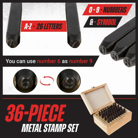 36 Piece Letter And Number Steel Punch Stamp Set With Wood Storage Case For Metal Leather And More, showing stamps and box.