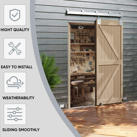 Installed 6 Foot Box Rail Barn Door Hardware Kit Heavy Duty Silver Sliding Track System on outdoor wooden barn door