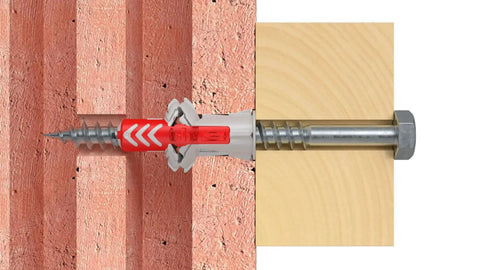 100 X DuoPower Dowels 8 X 40 mm for solid walls, perforated brick, and plasterboard, close-up of dowel installed in wall and wood